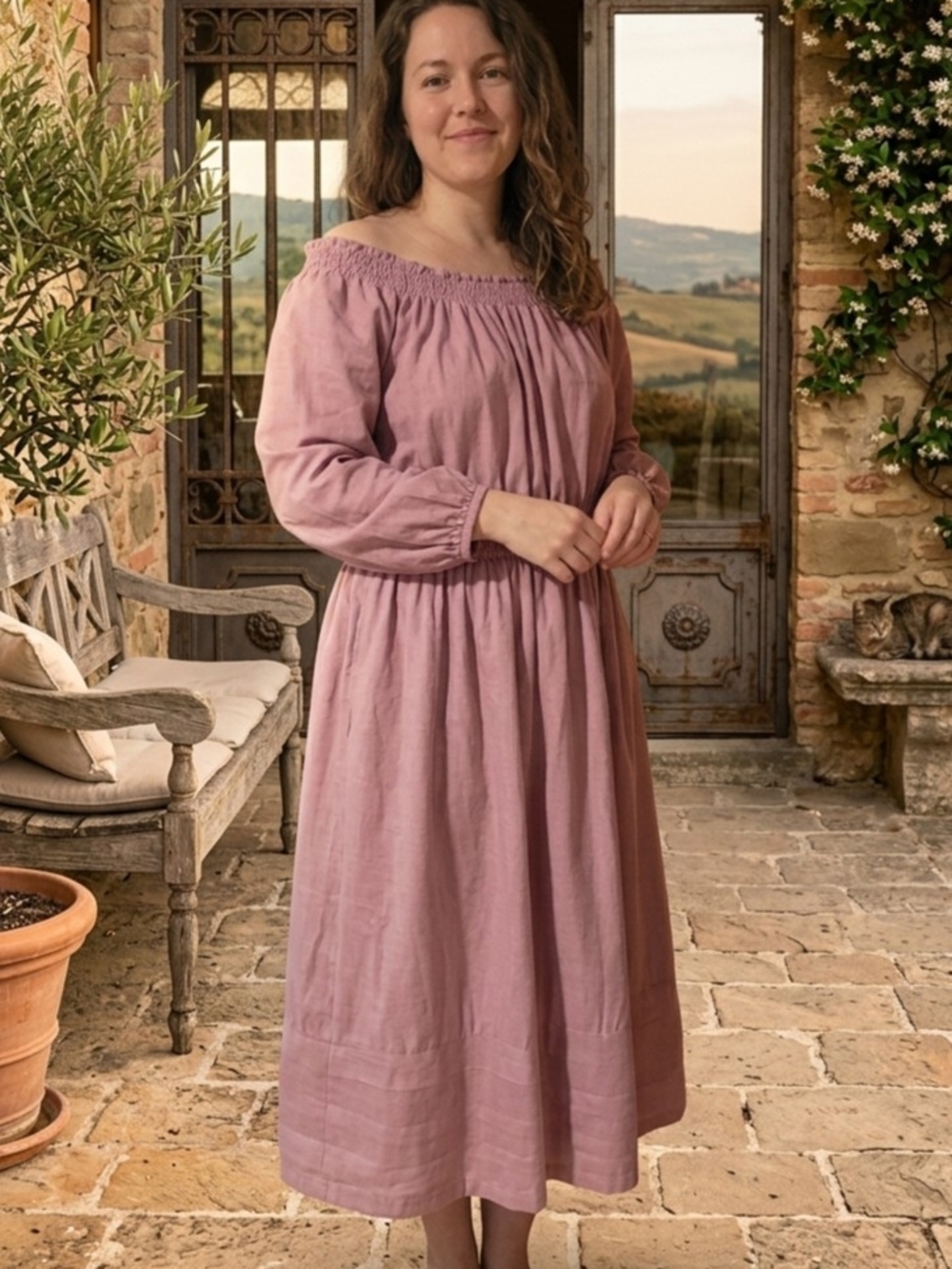 BURU Off-Shoulder Midi Dress in Dusty Mauve Pink iridescent Size  1X.   Side bag